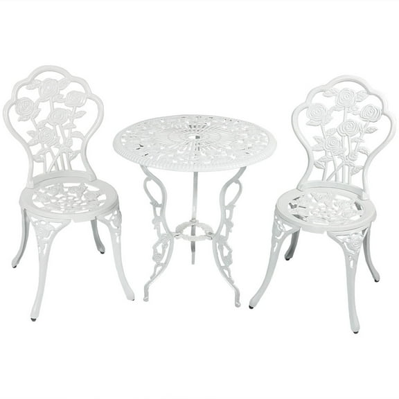 Sunnydaze Flower 3-Piece Cast Aluminum Outdoor Bistro Set with 2 Chairs and Table, White