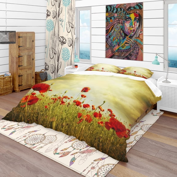 Designart 'Red Poppies on Grunge Background' Vintage Duvet Cover Set
