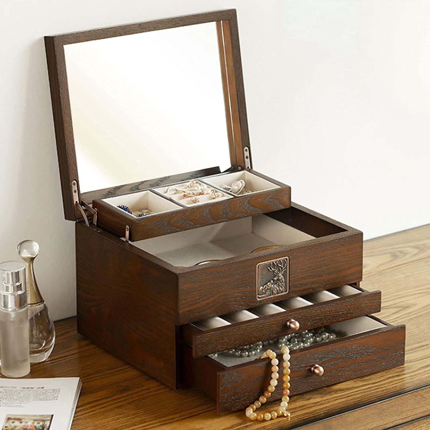 Vintage Wooden Jewelry Gift Box Case Rustic Linen Bracelet Necklaces Box Holder 