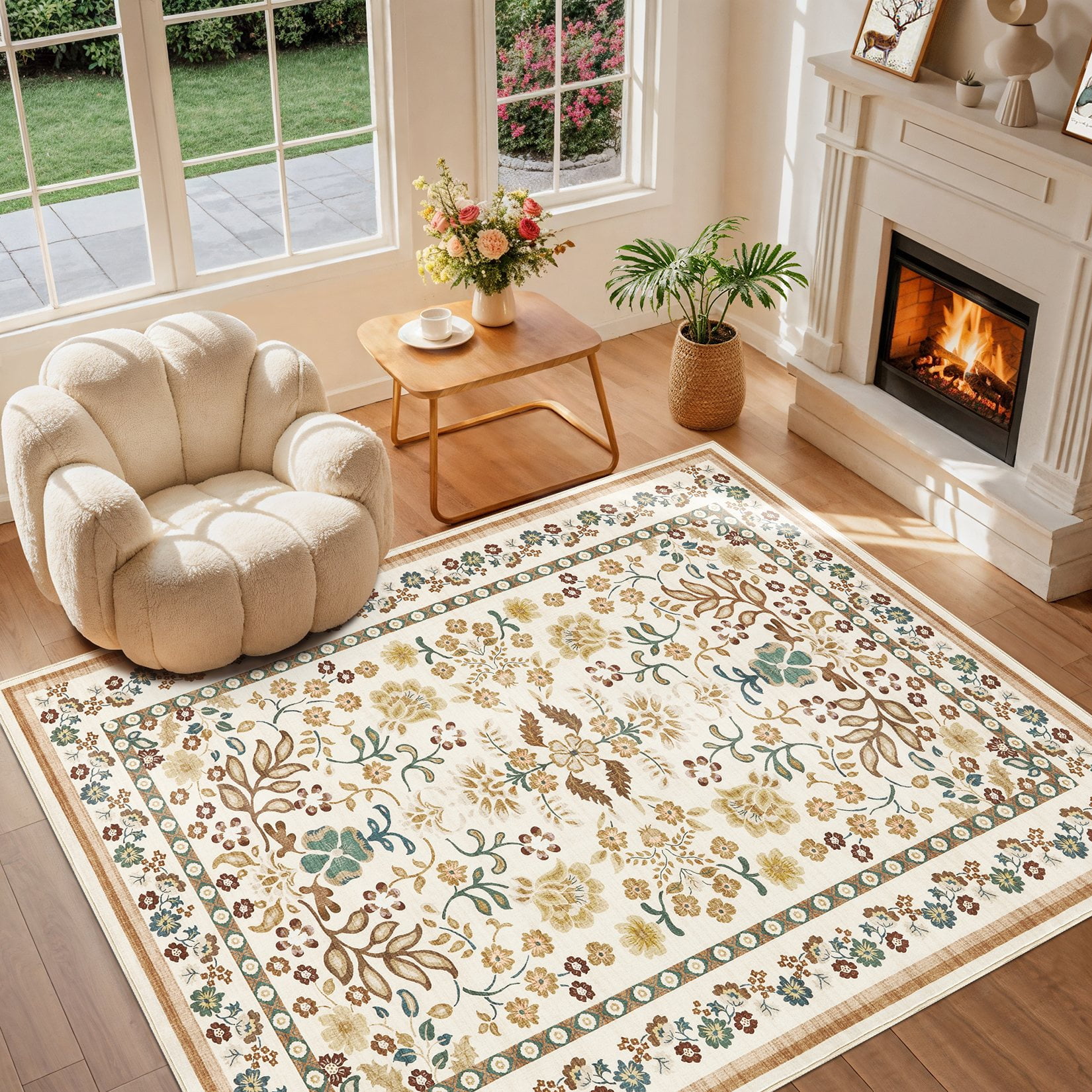 Toyoso 8x10 Area Rug Living Room Rugs - Washable Vintage Floral Soft Thin Large Rug Indoor Floor No Slip Rug Carpet for Bedroom Under Dining Table Home Office Decor - Brown Green