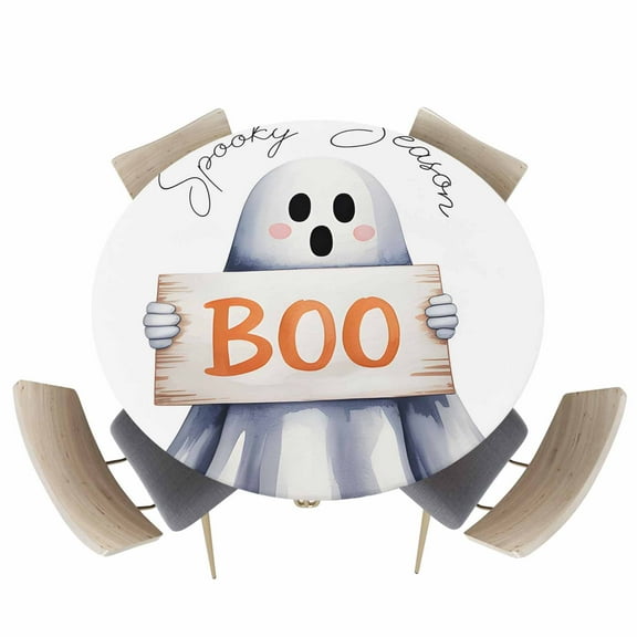 Round Fitted Tablecloths with Elastic Edge Halloween Watercolor Ghost White Oil-Proof Waterproof Wipeable Table Cover for Kitchen Dining Party Decor Spooky Season Table Clothes,36" - 44"