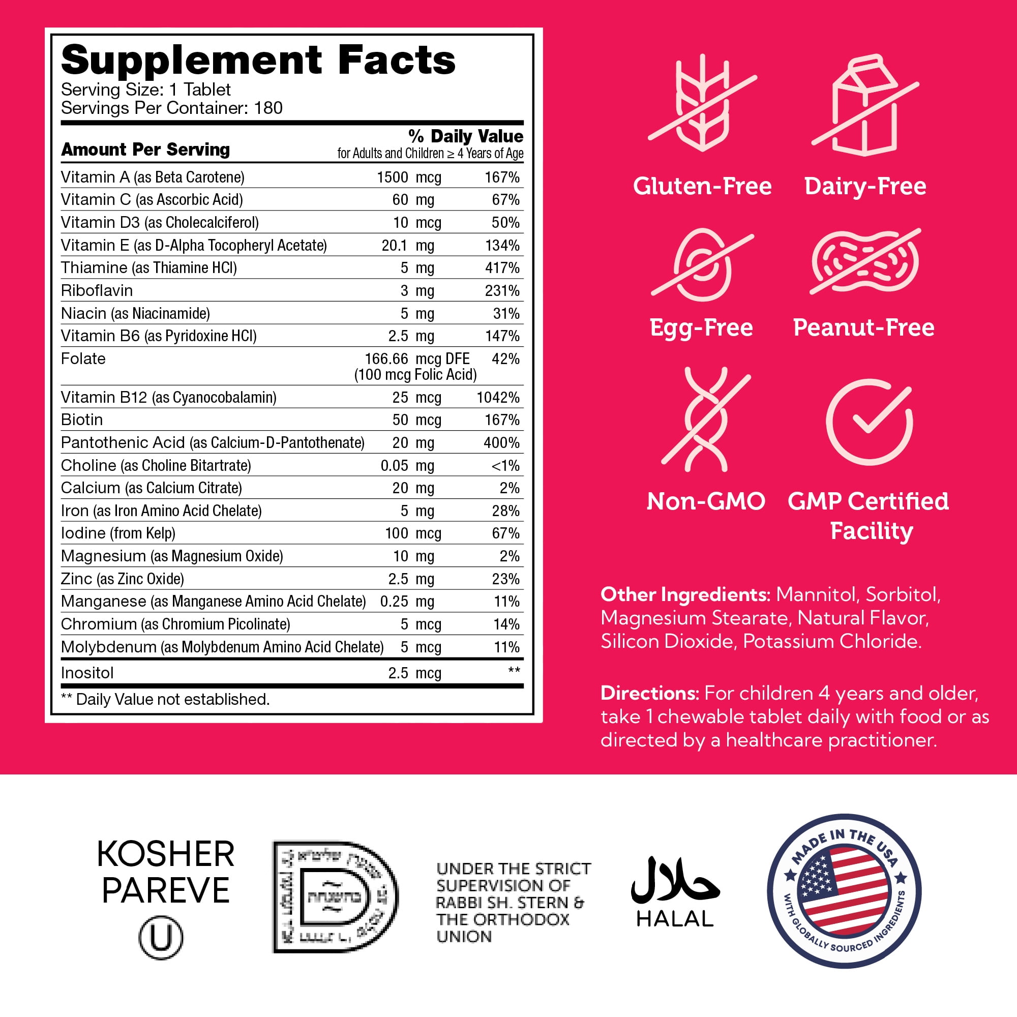 Zahler Kids Multivitamin Chewable Vitamin Tablet - Complete One Daily Kids Vitamins Supplement - Contains 20+ Minerals & Vitamins for Kids & Toddlers - Kosher Multivitamins Cherry Flavor (180)