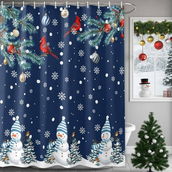 Christmas Shower Curtain Navy Shower Curtains for Bathroom Winter Xmas Decor, Waterproof Shower Curtain Set with Hooks Small Stall Long 36" x 72" Snowman Christmas Balls Cardinals Snowflake