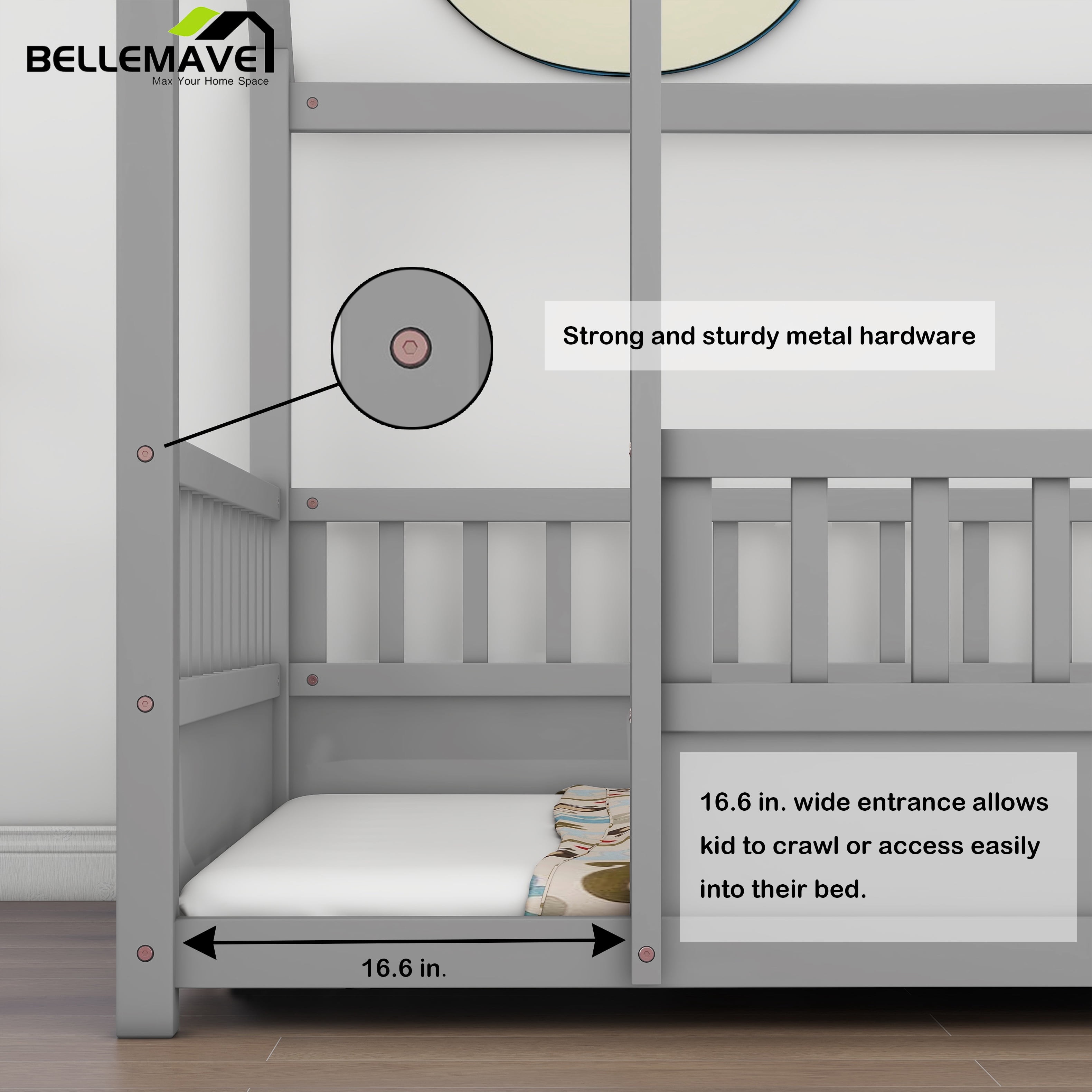 Bellemave Full Size House Floor Bed with High Fence Guardrails Wooden Playhouse Bed Frame  Floor Bed with Roof Montessori House Bed Frame, (Full, Gray)