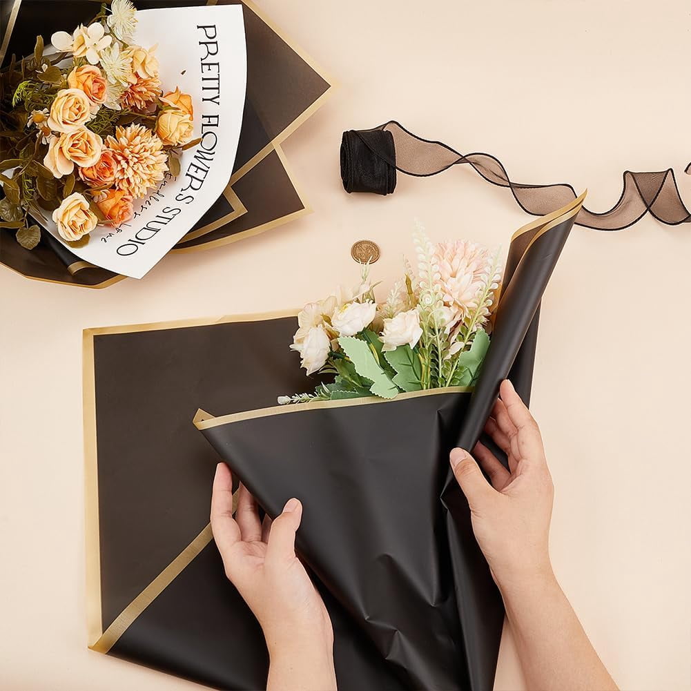 PH 22x21 Inch Flower Wrapping Paper 30 Sheet Florist Bouquet Supplies Black Waterproof Wrapping Paper Flower Decoration Lace Ribbon for DIY Crafts Gift Box Packaging 10 Yards Gold