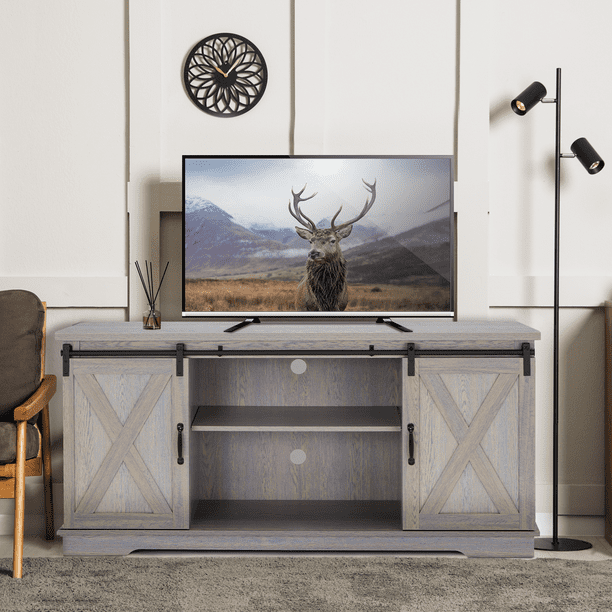 RYNSTO TV Stand Sliding Barn Door, 58" Wood Farmhouse Entertainment