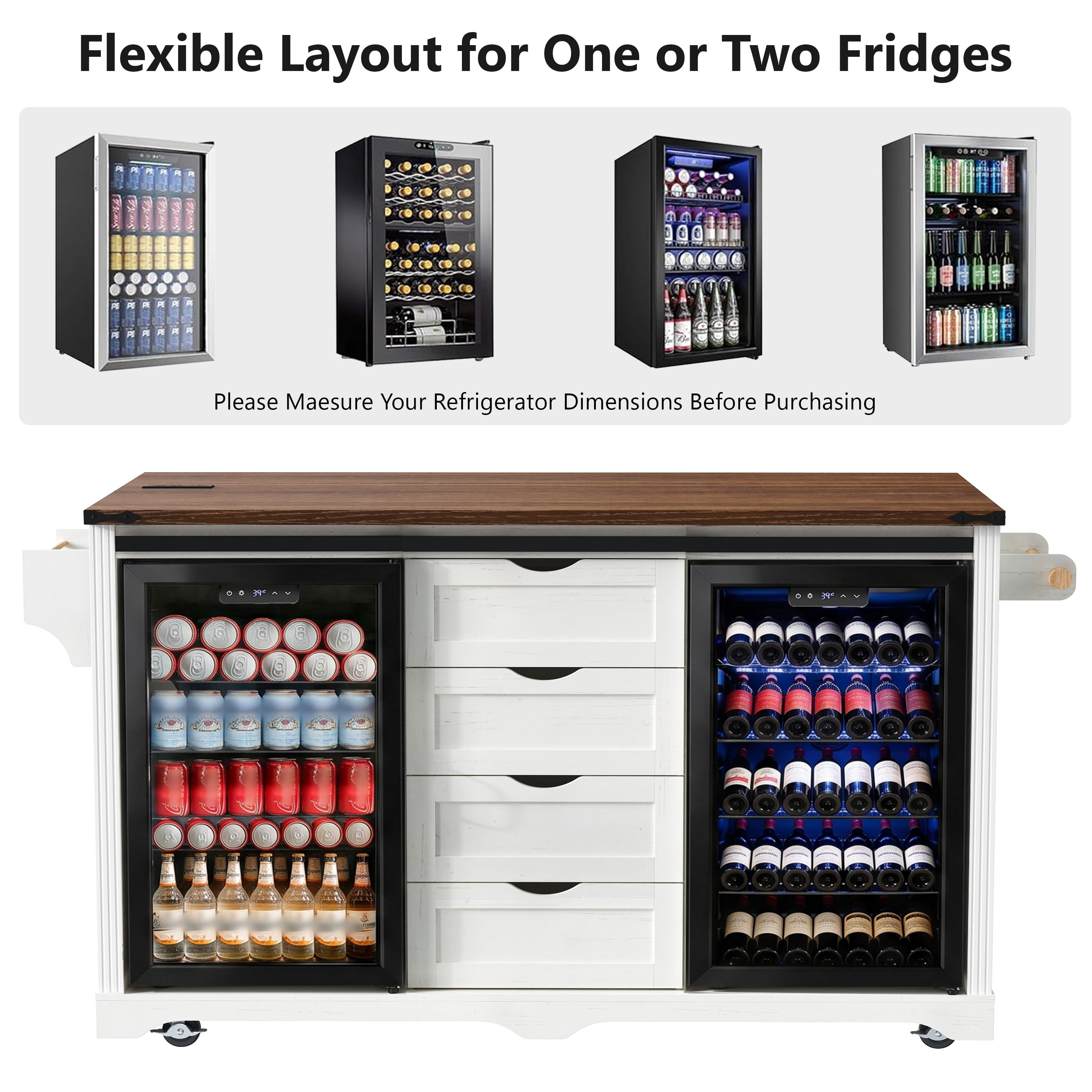 Mintazer 72" Farmhouse Rolling Kitchen Island with 2 Mini Fridge Space & Drop Leaf Countertop and Power Outlet, Bar Storage Cabinet with 4 Drawers & Barn Doors for Kitchen Dining Room, White & Walnut