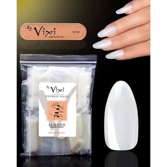 By Vixi 600 JUEGO DE UÑAS MEDIANAS DE ALMENDRA con ARCHIVO DE PREPARACIÓN 10 tamaños - Extensiones de uñas postizas de cubierta completa Opaco Express para profesionales de salón y uso doméstico