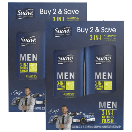 (2 pack) Suave Men Citrus Rush 3 in 1 Shampoo Conditioner Body Wash, 28 oz, 2 count