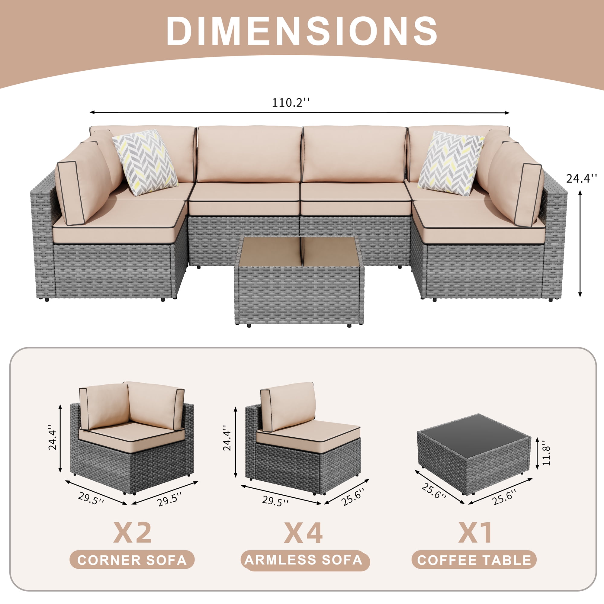 Walsunny 7 Pieces Patio Conversation Set, All-Weather Silver Rattan Wicker Patio Furniture Sets with 6 Chairs and 1 Coffee Table, Washable Couch Cushions,Khaki