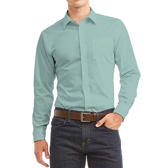 Men's Dress Shirt Long Sleeve Regular Fit Button Up Pocket Solid Standard Cuff Aqua