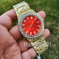 thumbnail image 3 of Unisex Wristwatch Iced Luxury Hip Hop Golden Nugget Style Bling Red Dial Wrist Metal Shiny Watch, 3 of 5