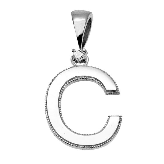 WHITE GOLD HIGH POLISH MILGRAIN SOLITAIRE DIAMOND "C" INITIAL PENDANT NECKLACE : 14K Pendant with 16" chain