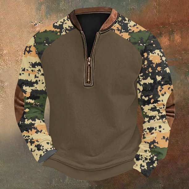 Blusas y camisas de manga larga con cuello redondo para hombre, talla grande, media cremallera, cuello redondo, estampado vintage de camuflaje, blusa de poliéster de manga larga para hombre