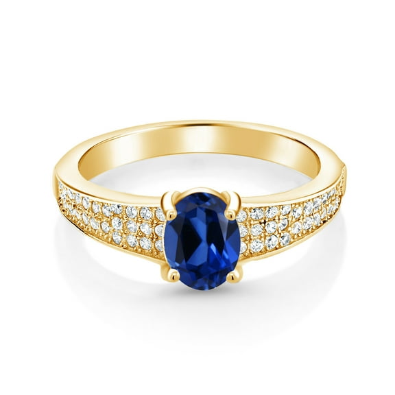 Gem Stone King 18K Yellow Gold Plated Silver Blue Created Sapphire Engagement Ring for Women (2.08 Cttw, Oval 8X6MM, Gemstone September Birthstone, Size 7)