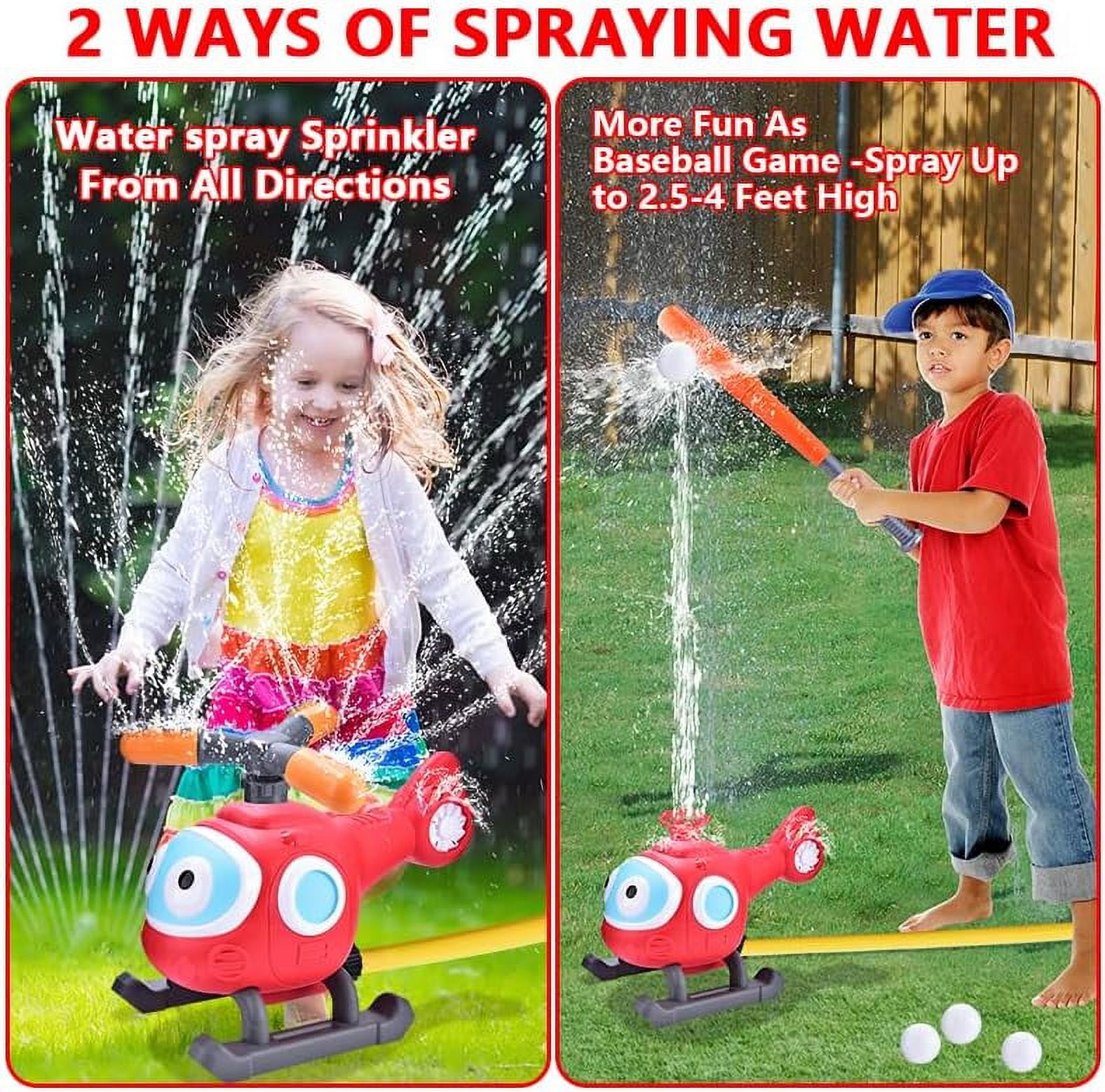 Baseball Sprinkler for Kids, Helicopter Toy Outside Toys for Kids Ages 4-8, Water Toys for Kids Ages 3-5, 2 in 1 T Ball Set Best Backyard Toys, Lawn Pool Birthday Gifts for Boys Girly Ages 4+