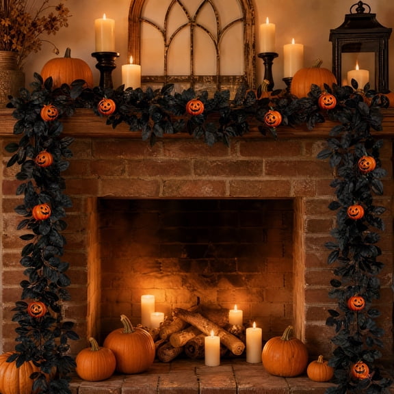 Halloween Garland Decorations, Black Artificial Leaf Vines Garland, Pumpkin Accents Bendable Hanging Foliage for Wall Mantel Stair Rail Holiday Decor, 175cm/68.89in
