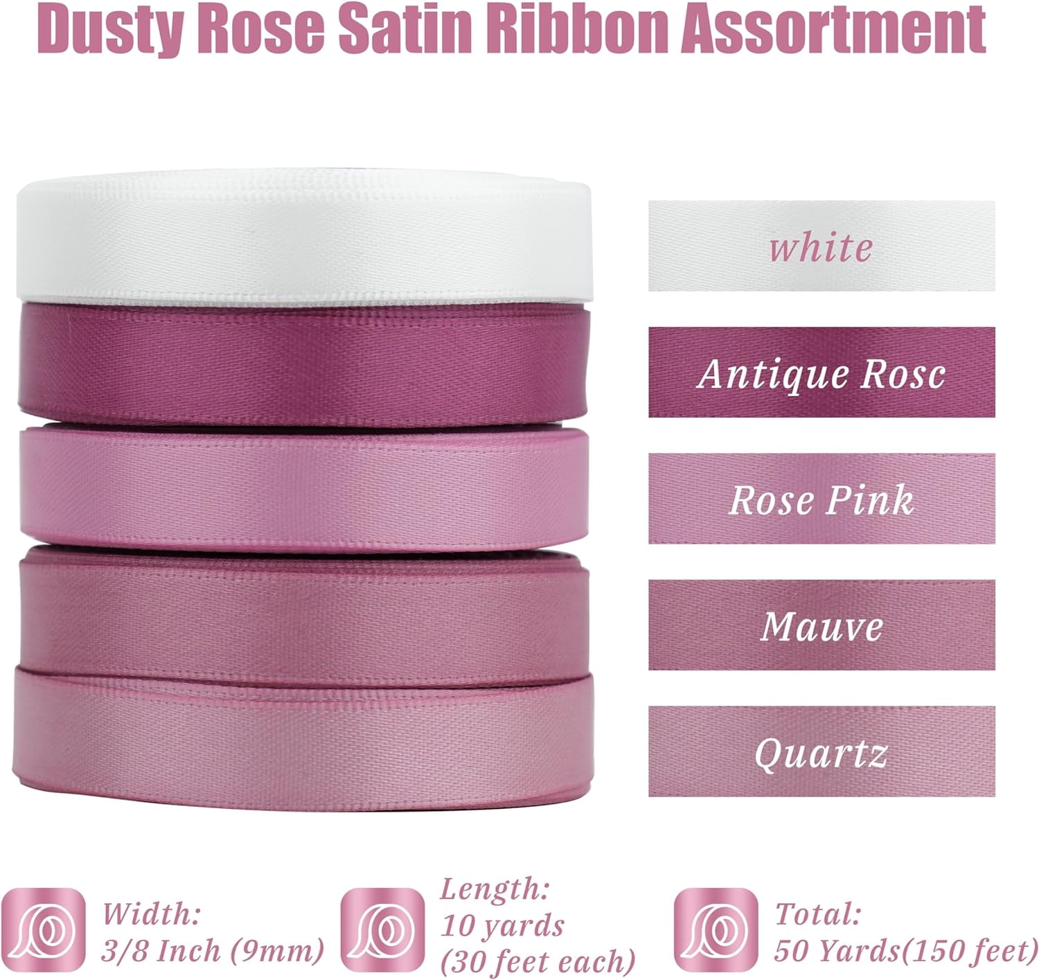 Dusty Rose Ribbon 3/8 Inch Thin Dusty Pink Satin Ribbon 5 Rolls Assortment Rose Pink Ribbon for Wedding Mauve Ribbon for Gift Wrapping Baby Shower Invitation Card Crafts - 50Yards
