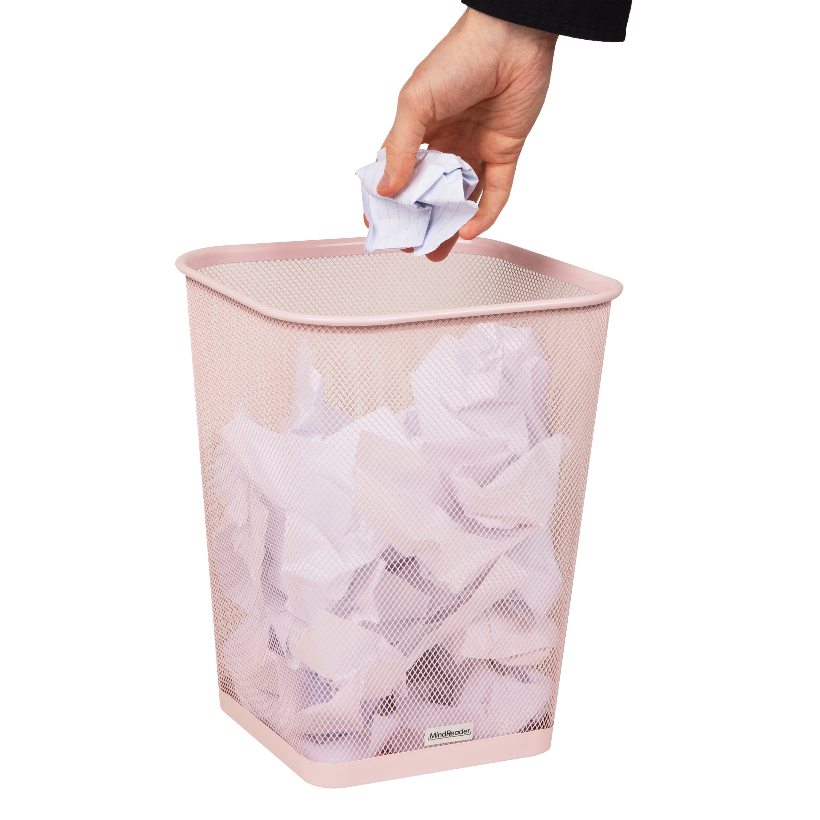 Mind Reader Mesh Trash Can, Waste Paper Basket, Square, Office, Metal, Set of 2, Pink