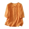 thumbnail image 2 of Aobny Orange Womens&nbsp;Tshirt Button Up Embroidered T-Shirt Elbow-Length V-Neck Tshirts for Women,L, 2 of 8