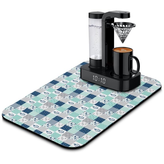 Navy and Anchor Nautical Kitchen Mat Absorbent Dish Drying Pad with Boat, Wave, Sail, and Beacon Design for Coffee Station or Coastal Counter Decor