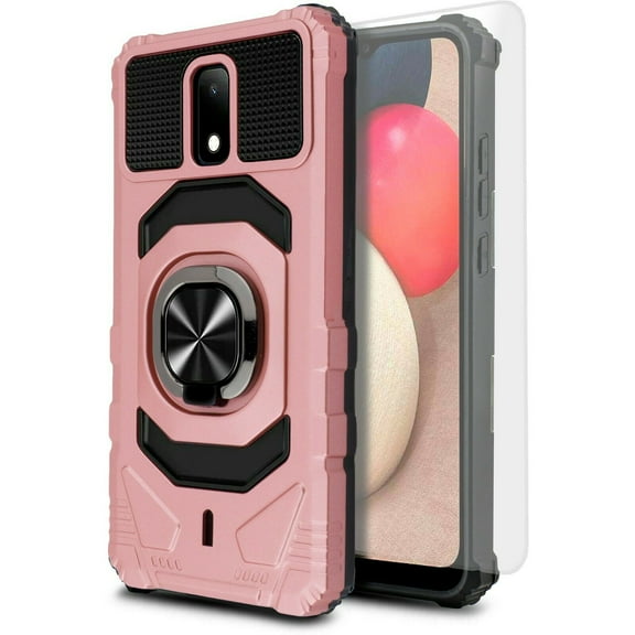 for AT&T Calypso 2 (U319AA) / Cricket Debut Phone Case Ring Magnet Mount Ready Slip Guard Grids Pattern Kickstand Hybrid Slim Shock Bumper Cover with Tempered Glass