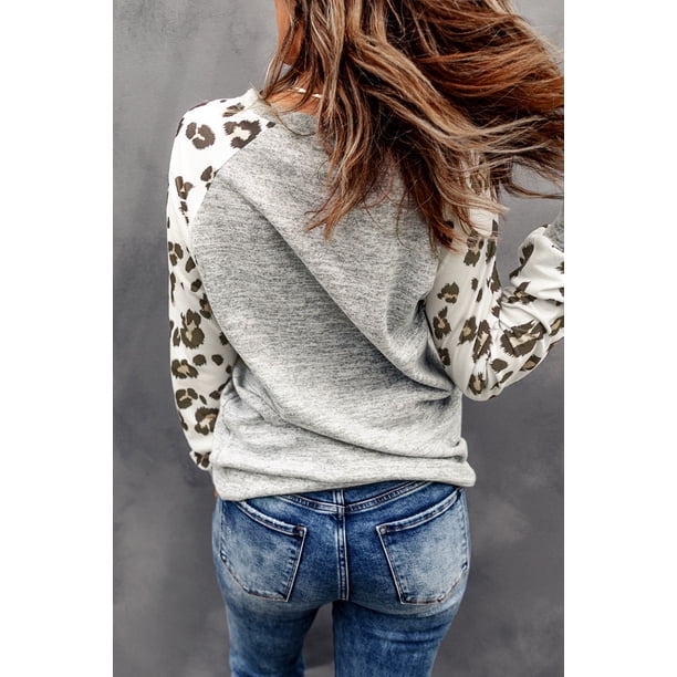 ABPHQTO Top gris con mangas raglán y estampado de leopardo Merry Christmas para mujer
