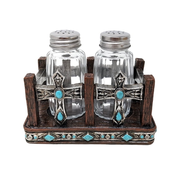 Turquoise Gemstone Salt & Pepper Shakers (Twin Cross) - Southwestern Kitchen Accents - Rustic Western Salt and Pepper Shaker Set - Dining Room Décor