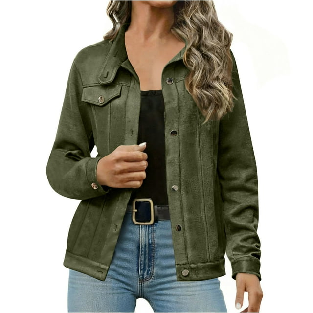 TIMIFIS Fall Winter Jackets for Women Long Sleeve Button Down Stand Collar Solid Color Casual Comfy Fashion Stylish Jacket with Chest Pockets