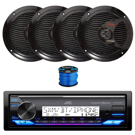 JVC KD-X38MBS Single DIN Marine Bluetooth AM/FM Stereo Receiver, 4X 6.5" 150 Watt 2-Way Dual Cone Full Range Audio Speakers (Black) w/ Wire