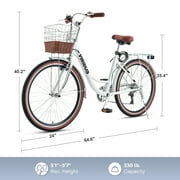 Viribus 24 Women's Cruiser Bike for Adults, 7-Speed Beach & City Bicycle with Basket Rack, White