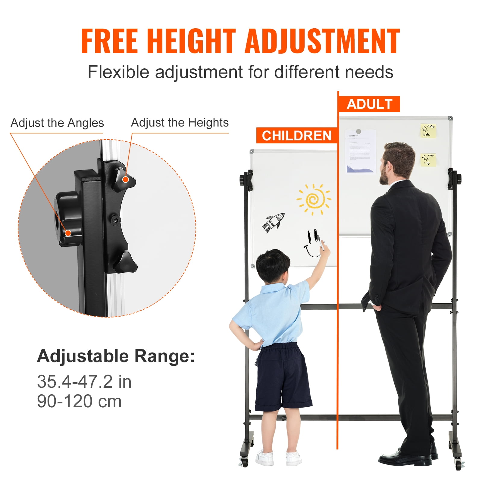 KFFKFF Movable Magnetic Whiteboard, Dual-faced Mobile Dry Erase Board 36x24 Inches, Height Modifiable with Rollers, Includes 1 Magnetic Eraser & 3 Dry Erase Markers & Portable Tray for Office, School