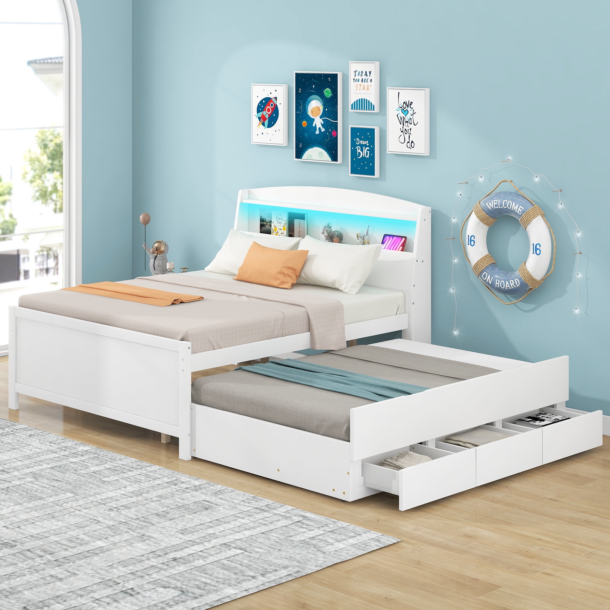 Euroco Wood Full Size Platform Bed with Storage Headboard, Drawers Trundle and LED Light for Kids Teens, White