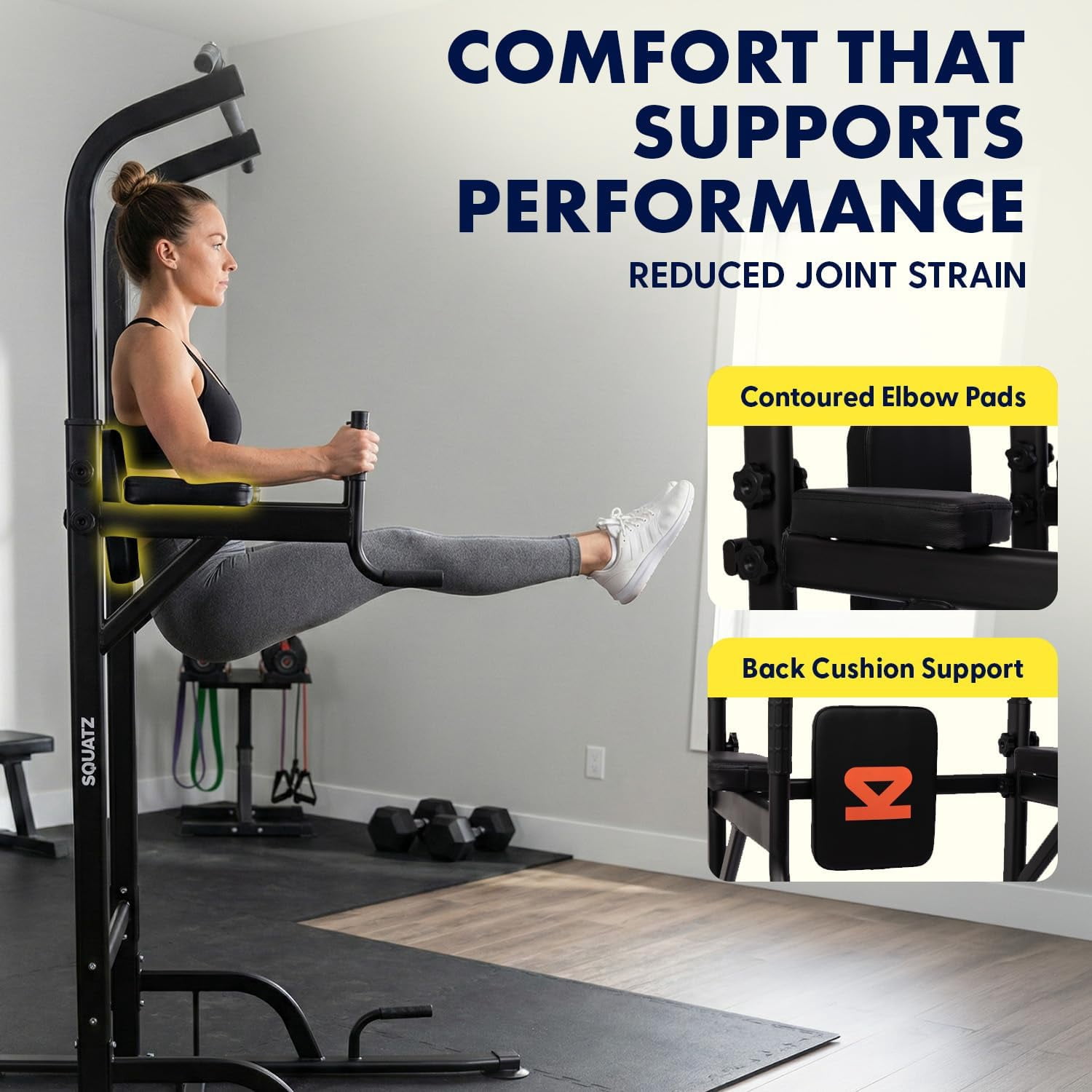 Squatz Power Tower Pull Up Station – Free Standing Multi-Grip Workout Frame with 6 Adjustable Heights, H-Base Stability, Steel Construction, 330 lb Capacity (Black)