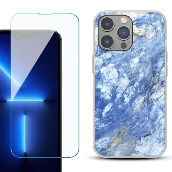 Slim-Fit Gel TPU Phone Case for iPhone 14 Pro Max, with Tempered Glass Screen Protector, by OneToughShield ® - Marble / Gem Blue