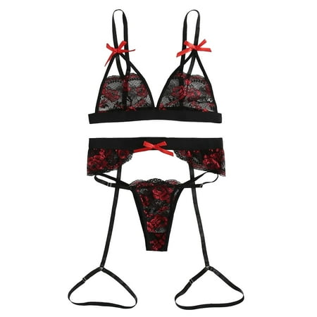 

Follure Ladies casual underwear bra Red Rose Lace Embroidery Lingerie G-string Temptation Underwear Sleepwear Black S