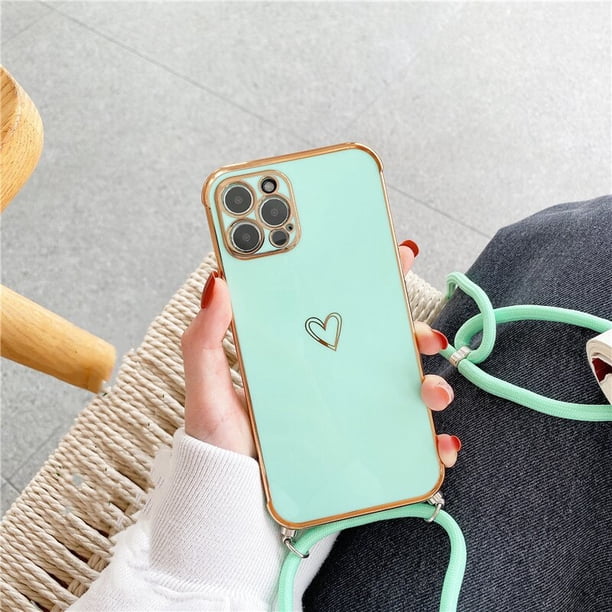 Funda suave de lujo con collar cruzado y cordón Chapado en corazón de amor para iPhone 13 Pro Max 14 12 11 MiNi X XS XR 7 8 plus SE 20 Fivean unisex