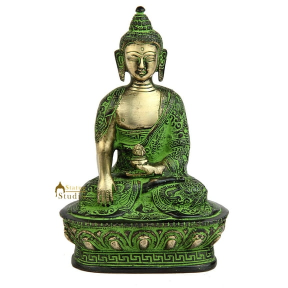 StaueStudio Buddha Statue With Bowl Brass Showpiece For Living Room Big Size Figurine Black Finish (5 X 3 X 7 Inch)