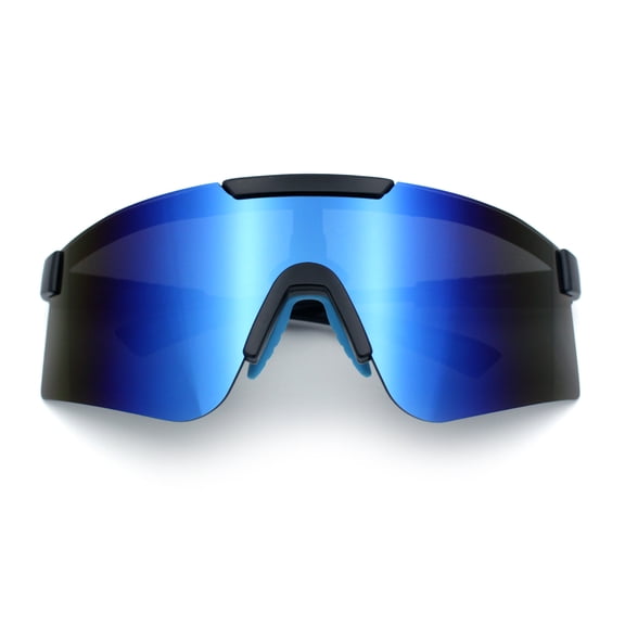 Mens 80s Vibe Color Mirror Rimless Oversized Shield Sport Sunglasses [Black Blue - Blue Mirror]