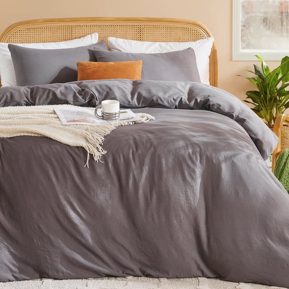 Mosluna Duvet Cover Queen Size, 3 Piece Washed Microfiber Bedding Sets, All Season Breathable Comforter Cover, Gray