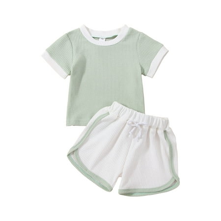 

CenturyX Toddler Baby Girls Summer Shorts Suit Color Matching Short-Sleeved Round Neck Tops Drawstring Short Set 2 Piece Green 12-18 Months