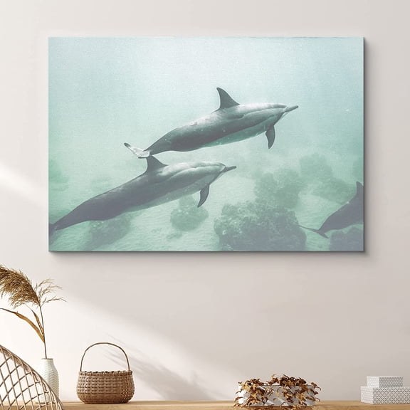 PixonSign Canvas Print Wall Art Dolphin Duo Swim Underwater Amphibians Ocean Photography Modern Art Nautical Closeup Colorful Blue Ultra for Living Room, Bedroom, Office - 16"x24"