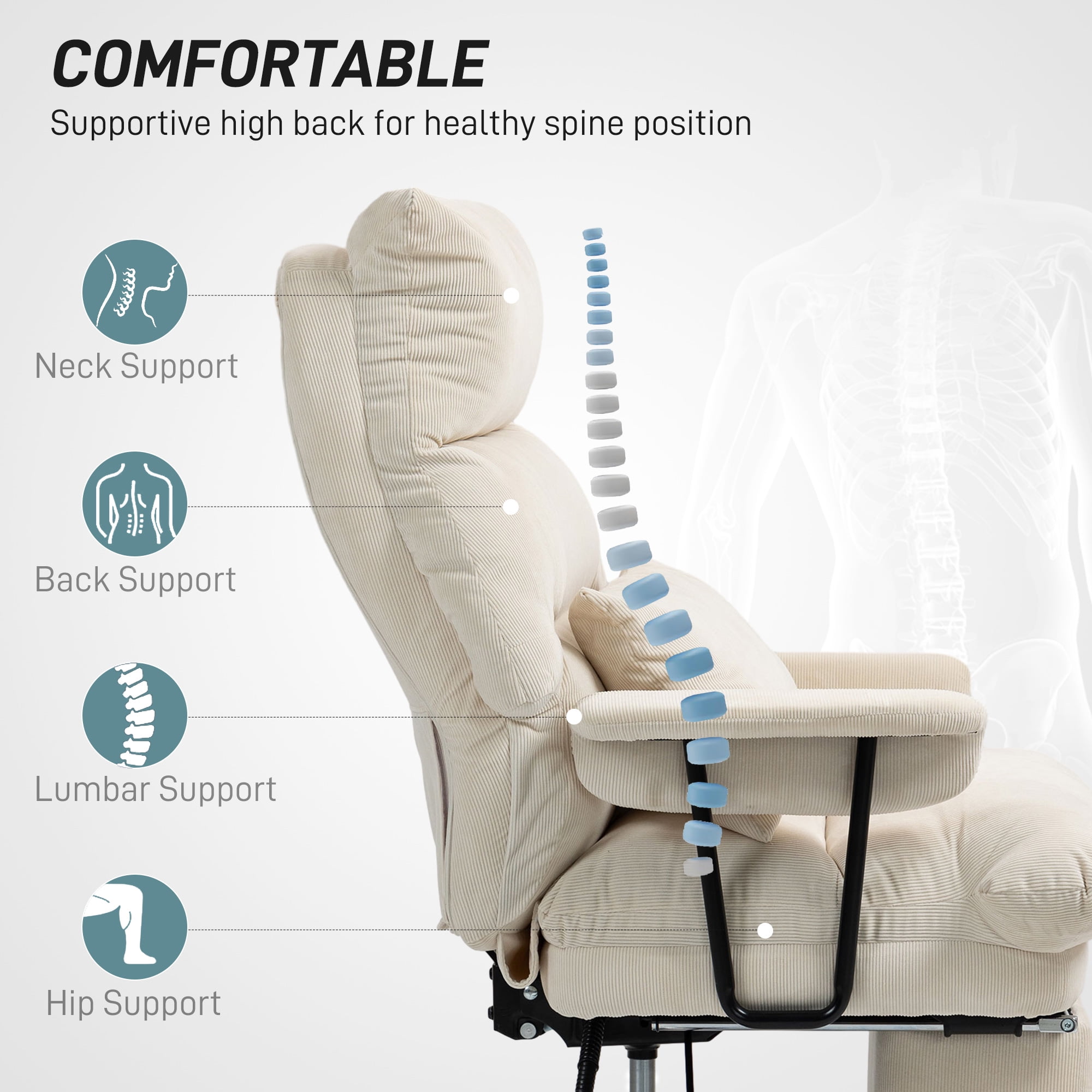 HOMCOM Large Overstuffed Office Chair, High Back Desk Chair with Lumbar Support, Footrest, Swivel Wheels, Reclining Computer Chair, Cream White