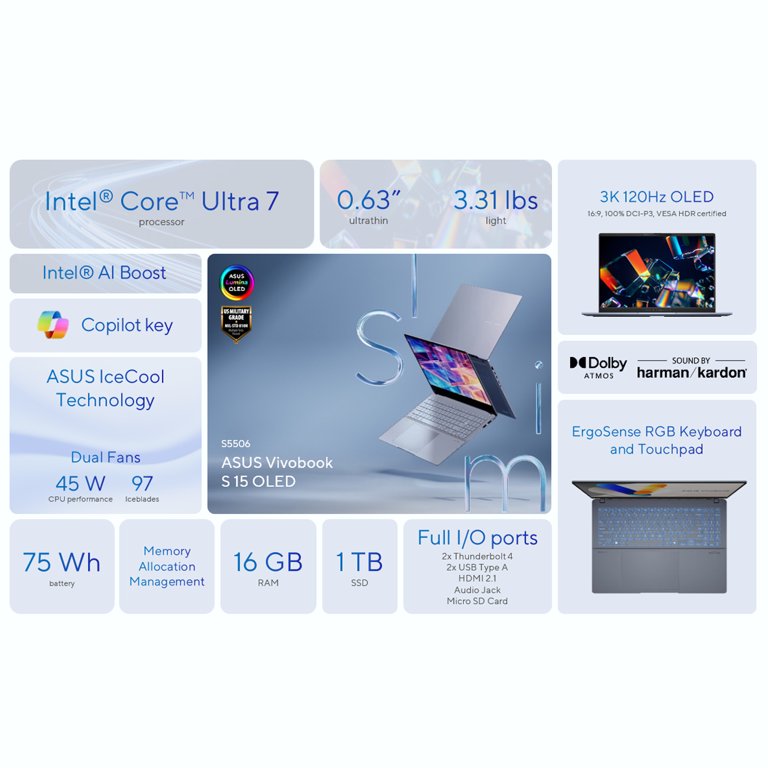 ASUS Vivobook S 15.6'' 3K OLED Laptop, Intel Core Ultra 7, 16GB