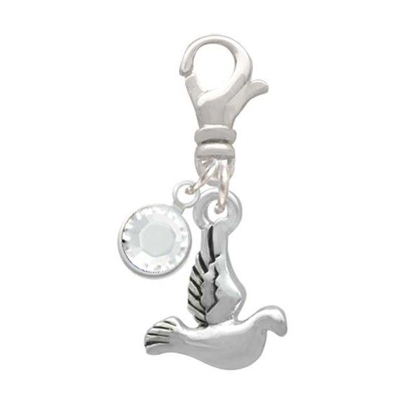 Delight Jewelry Silvertone 2-D Small Dove - Silvertone Clip on Charm with Clear Crystal Drop