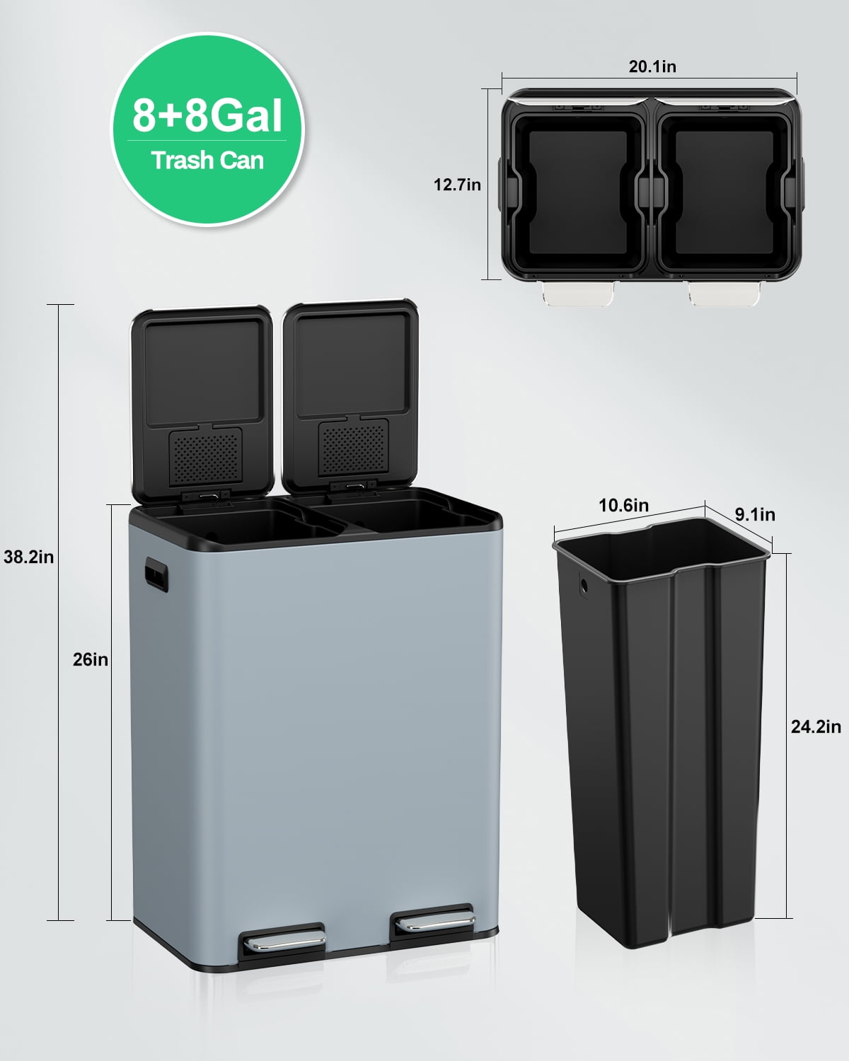 TLSUNNY 60L Dual Kitchen Trash Can, with 2 Odor Control Box, 16 Gal Double Lid Kitchen Bin with 2 Inner Buckets