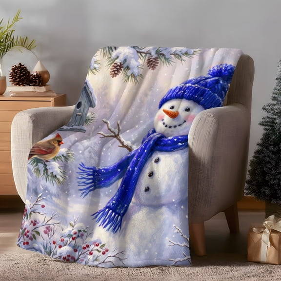 Christmas Snowman Throw Flannel Blanket Cottagecore Cardinal Birdhouse Soft Blue Super Soft Cozy Bed Blanket, Lightweight Plush Fuzzy Bed Throw for Bedroom Sofa Couch Living Room 60x80in