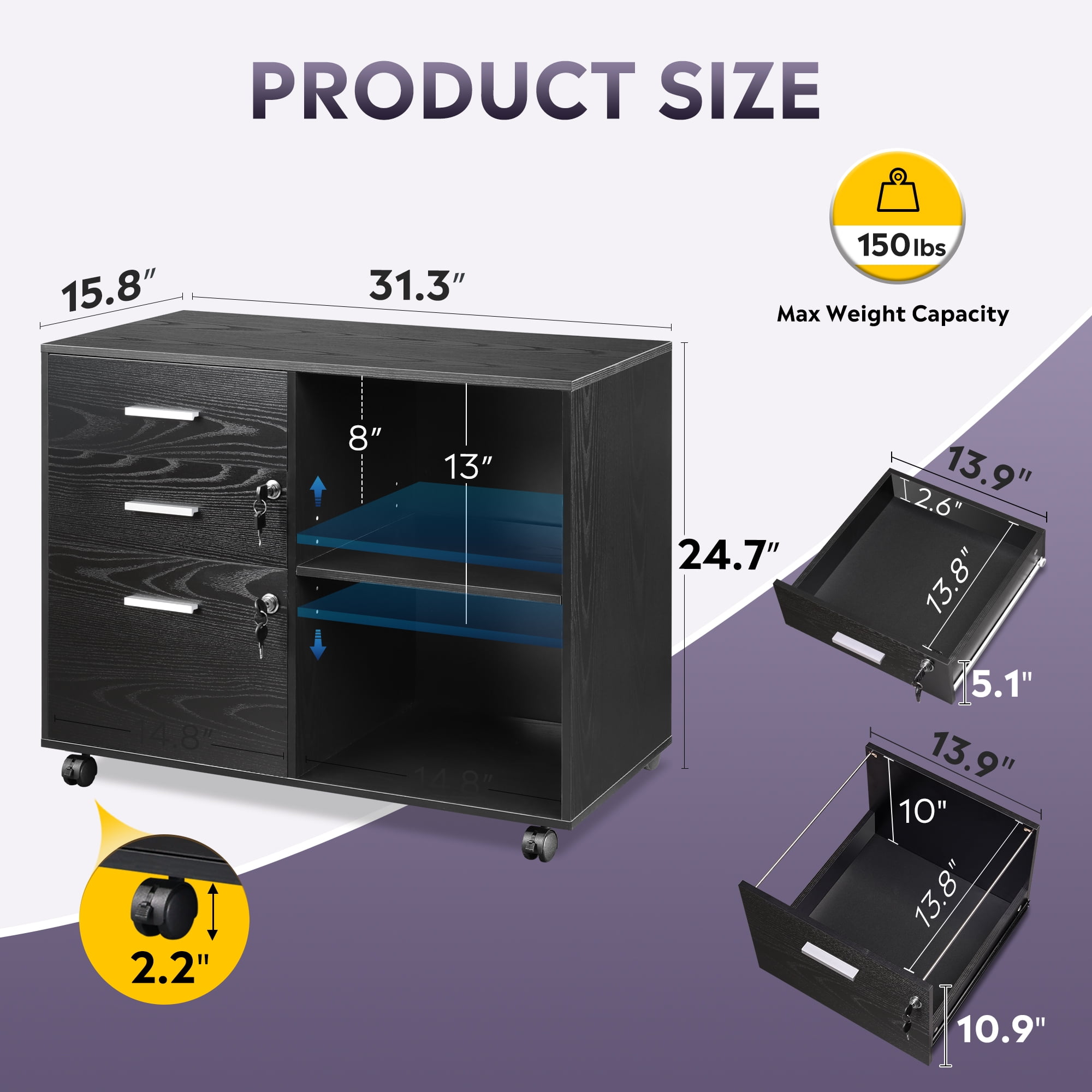 GALAXHERO 3-Drawer File Cabinet with Lock and Key, Mobile Wood Lateral Filing Cabinet & Printer Stand with Open Shelves for Home Office, Black
