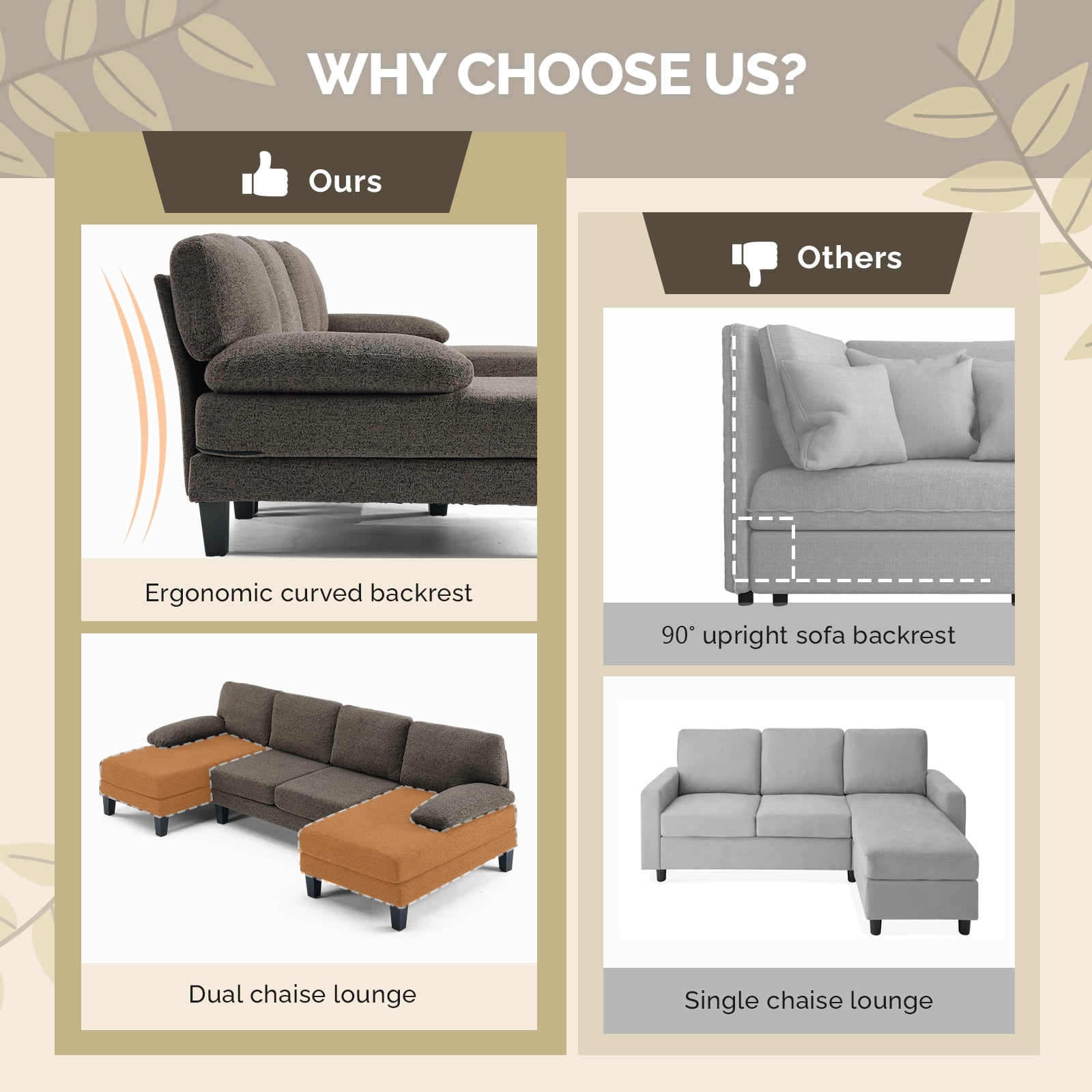 Ktaxon U-Shaped Sectional Sofa Set with Chaise, 4-Seater Blended Chenille Couch for Living Room, Apartment, Easy Assembly Brown