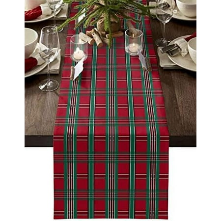

Table Runner 70 inches Long Geometric Buffalo Check Christmas Heat Resistant Cotton Linens Table Runner Cloth for Wedding Dinning Room Parties Holiday Dressers Home Decor Red Green